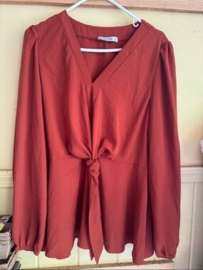 Grace Karin Rust Tie-Front V-Neck Long Sleeve Blouse